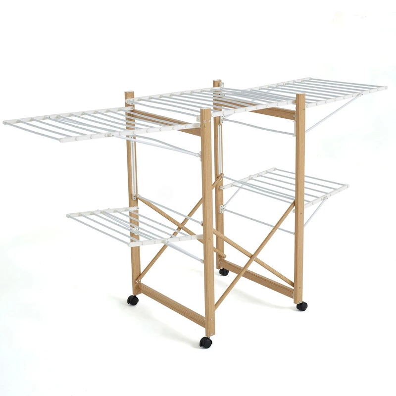 KITCHEN MOVE BAT-WD-03 Séchoir à linge, Acier Inoxydable, Bois et Blanc, L177xl61xH104 cm