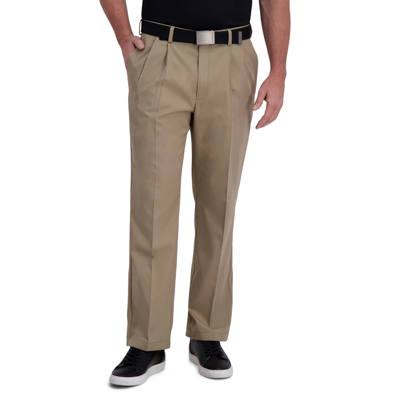 Haggar Men's Cool Right Performance Flex Solid Classic Fit Pleat Front Pant Casual, Khaki Heather, 42W x 32L - Image 1