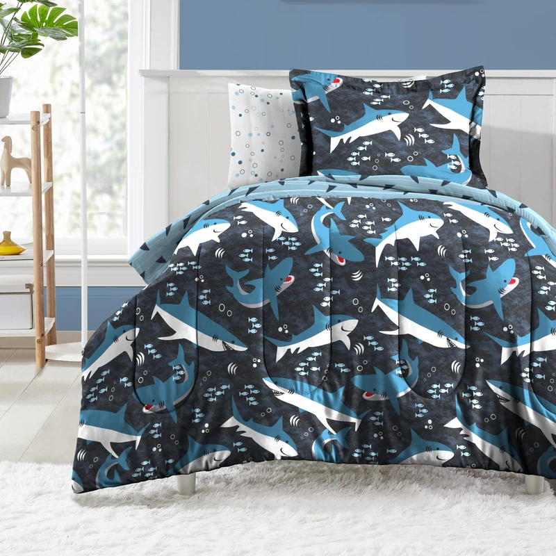 dream FACTORY Easy-Wash Super Soft Microfiber Comforter Bedding, Blue Sharks, Full
