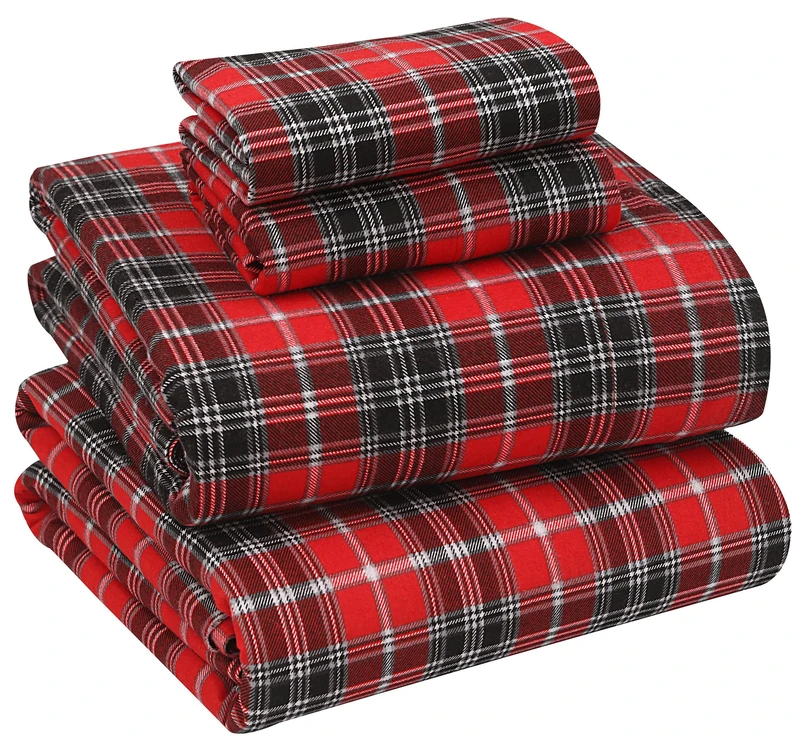 Ruvanti Flannel Sheets King Size - 100% Cotton Brushed King Size Sheets Set - Deep Pockets 16 Inches Bed Sheets - All Seasons Breathable & Extra Soft - Warm & Cozy, 4 Piece, Red Plaid