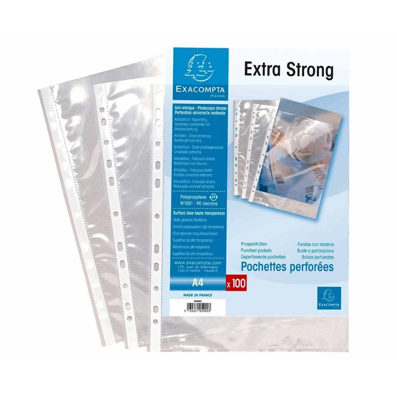 Exacompta - Ref 5900E - Box of 1000 Smooth PP Punched Pockets - Universal 11-Hole Punching - Dimensions 23 x 30.5 cm - A4 File Format - Crystal Colour