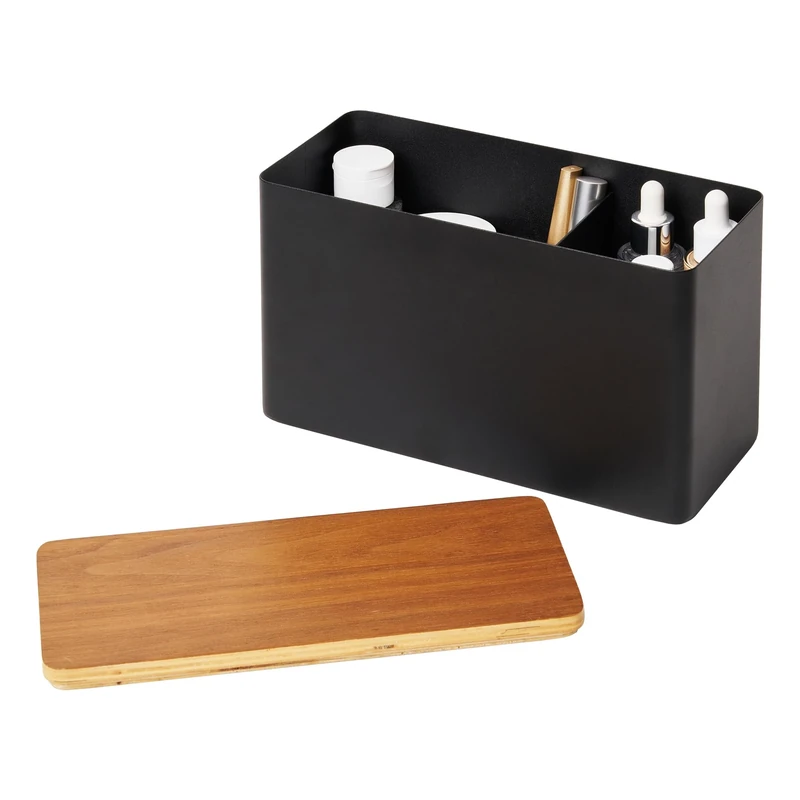 YAMAZAKI 4807 RIN Storage Box, black, Steel/Plywood, Minimalist, 23 x 10.5 x 14 cm