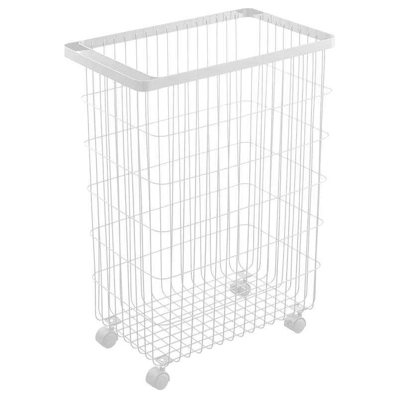 Yamazaki 4776 TOWER Laundry Basket With Wheels, white, Steel/Nylon, Minimalist, 28 x 46.5 x 61 cm