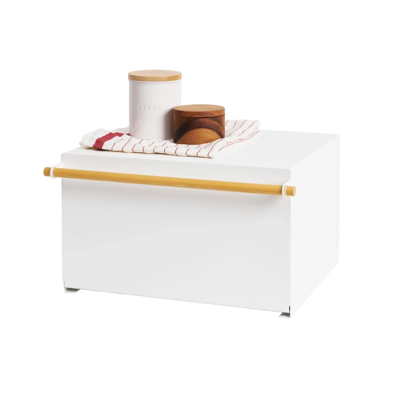 Yamazaki 4376 Tosca Bread Case, White, Steel/Wood, Minimalist, 43 x 36.5 x 24 cm