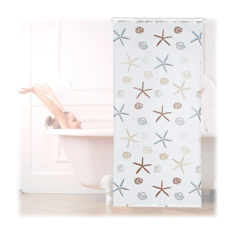Relaxdays Shower Roller Blind, Water-repellent, For Bath & Shower, Shell Design, Ceiling, 100x240cm, Semi-transparent