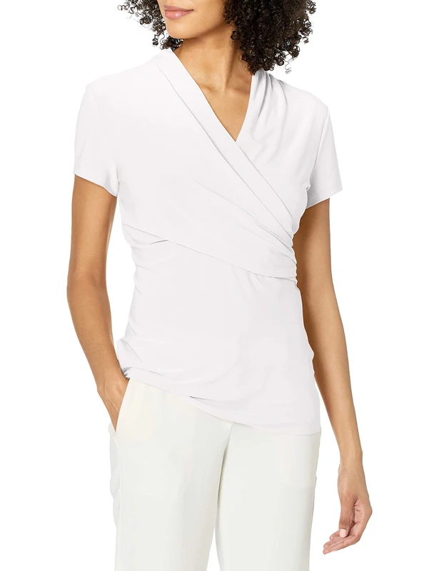 DKNY Women's Short Sleeve Cross Front Suit Blouse Shirt, White, L - Image 1