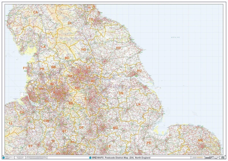 North England - Postcode District Wall Map-Plastic Coated 2A (119cm x 168cm)