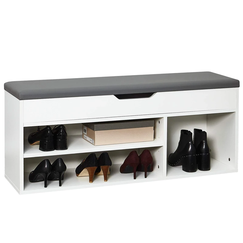Meerveil Shoe Bench with Seat, White Shoes Storage Rack Wooden with Hinged Flip Top Cushion for Living Room Hallway Cloakroom Entryway, 104 x 45 x 30 cm