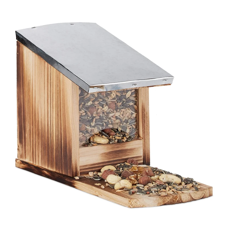 Relaxdays Squirrel Feeder, Wooden Feeding Station, Weatherproof Metal Roof, Standing, Squirrel Shack, Flamed