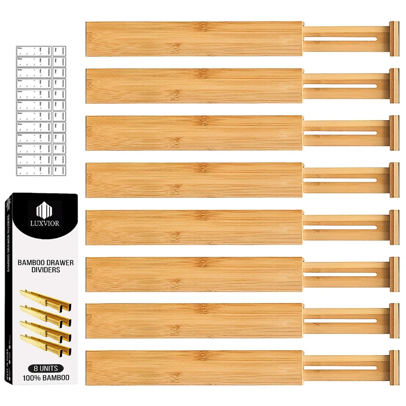 LUXVIOR 8 Units Expandable Bamboo Drawer Dividers (Size 17½"L- 22" inches),Adjustable Drawer Organizer Storage Multipurpose Drawers for Clothes,Bathroom,Office,Kitchen Drawer Organizer,Natural