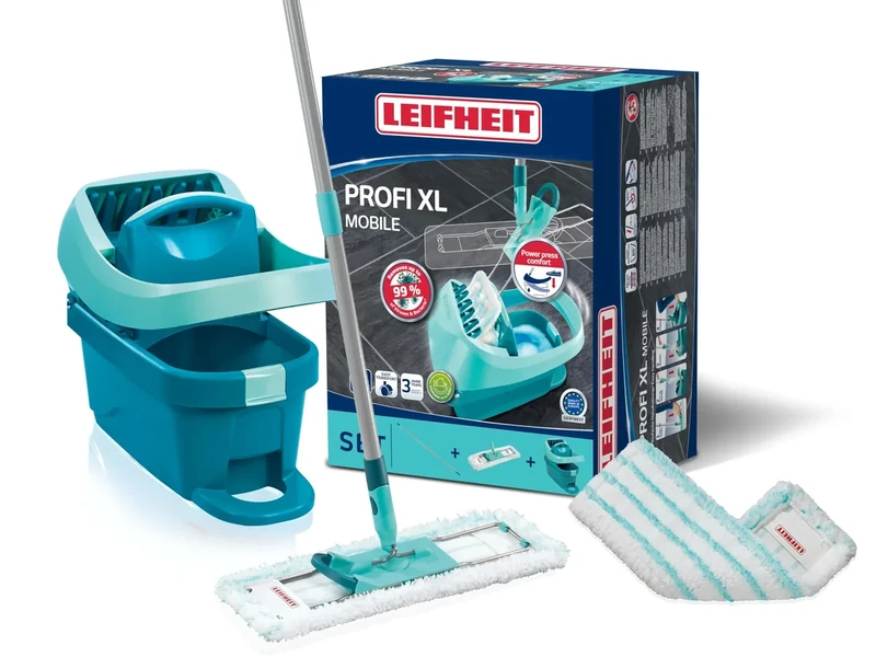 Leifheit Profi XL Mop and Bucket Set and Spare Mop Head, Deluxe 42 cm Large Floor Mop, Easy Steer Micro Fibre Head and Wringer Bucket with Rollers