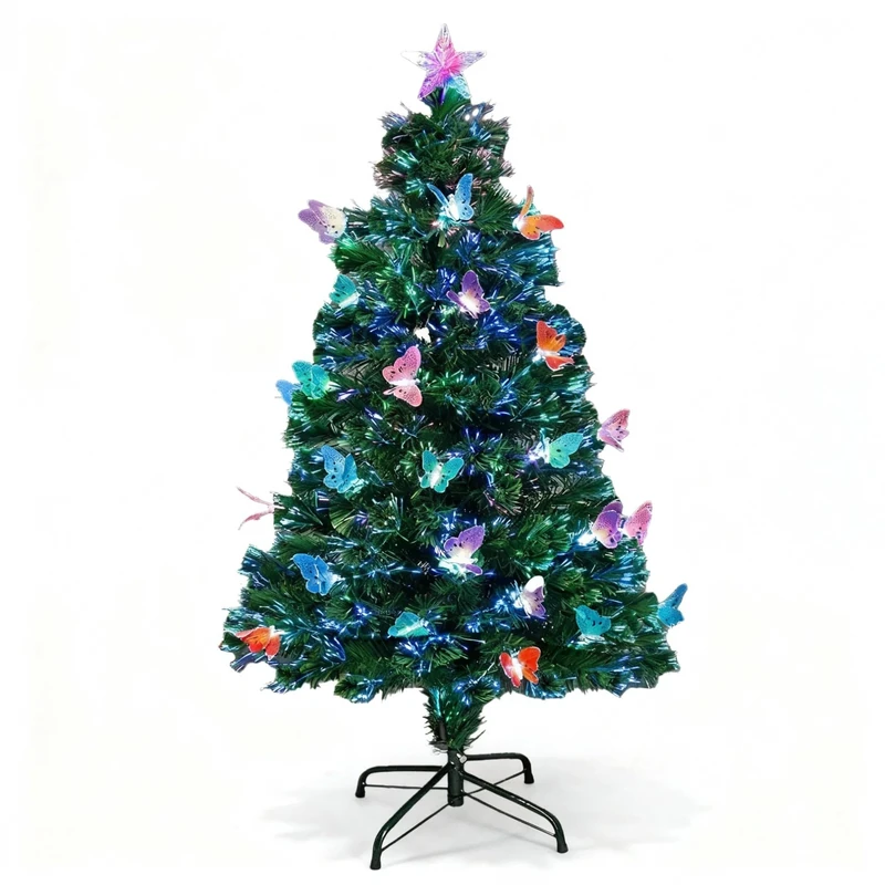 5Ft/150cm Fibre Optic Christmas Tree with Star Topper - LED Butterfly Decorations - Pre-Lit Green Artificial Xmas Tree - Multicolor Changing Lights
