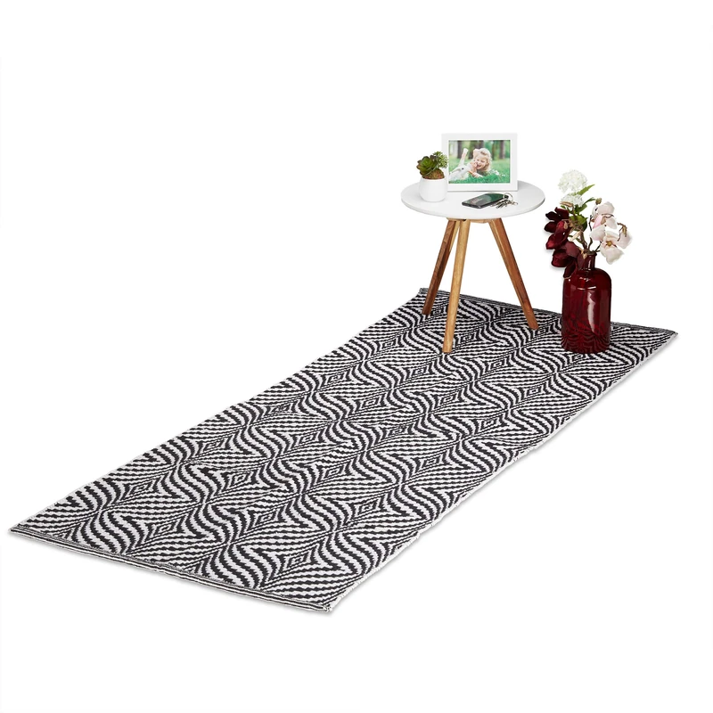 Relaxdays Carpet Runner, Cotton, Non-Slip Kitchen Area Rug, Patterned, Handmade, 80 x 200 cm, Black-White