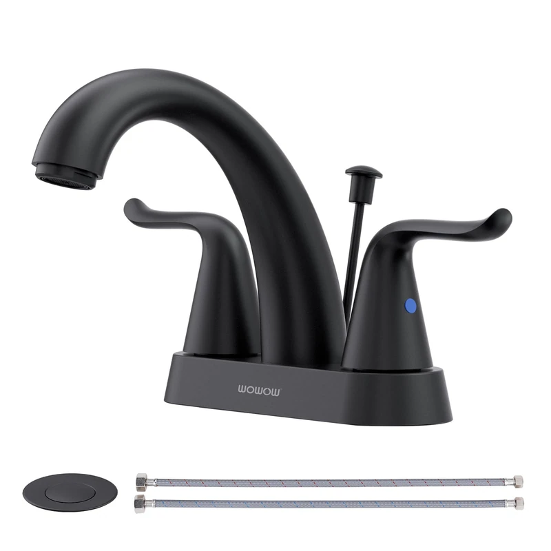 WOWOW Black Bathroom Faucet 2 Handle Bathroom Sink Faucet 4 inch Centerset Bathroom Faucets 3 Holes Lavatory Faucet with Lift Rod Drain Stopper Vanity Faucet Lead-Free Basin Mixer Tap Matte Black