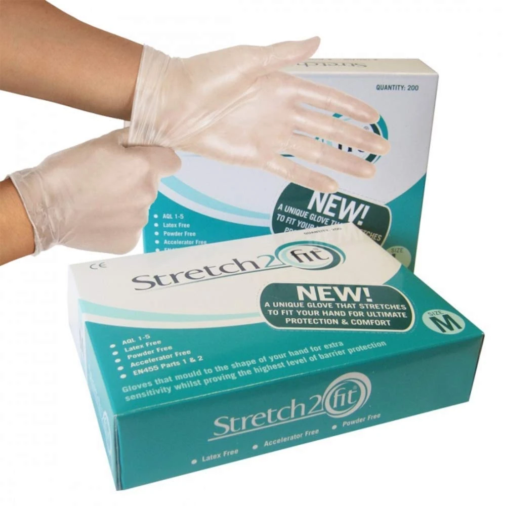 Stretch 2 Fit Box of 100 or 200 Disposable & Recyclable Gloves - Powder & Latex Free, Allergy Free - Work, Food Preparation, Tattoo, NHS, Cleaning, Wholesale, Cheap (Box of 200 Large) clear