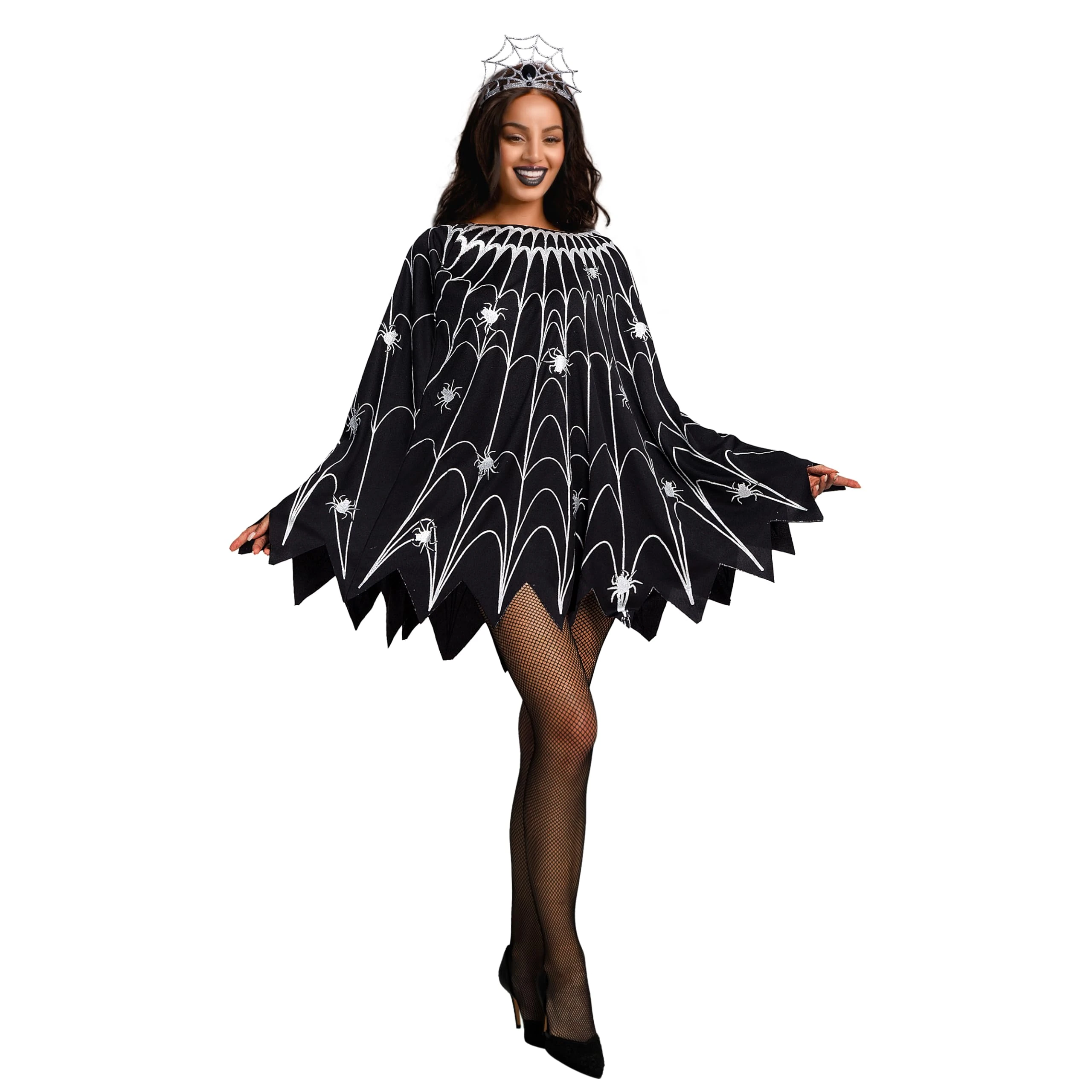 Spooktacular Creations Spider Web Dress Poncho Costumes with Glitter and Crown for Women Halloween Party (X-Large)