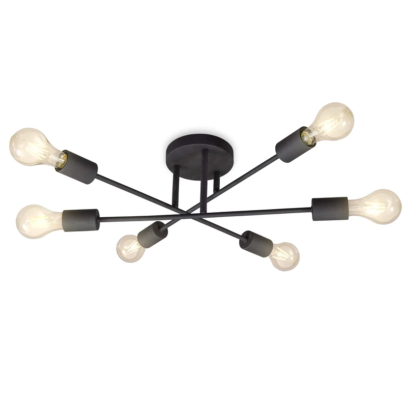 B.K.Licht Industrial Ceiling Light, Adjustable arms, E27 Socket, Semi-Flush Mount Ceiling Lamp for Living Room, Bedroom, Dining Room, Kitchen, 6 Bulbs not Included, Black Metal Retro Chandelier IP20