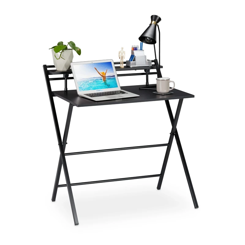 Relaxdays Folding Desk, PC-Table To Fold, Space-saving, Shelf, Home Office, Teens, 92x84x60cm, Black