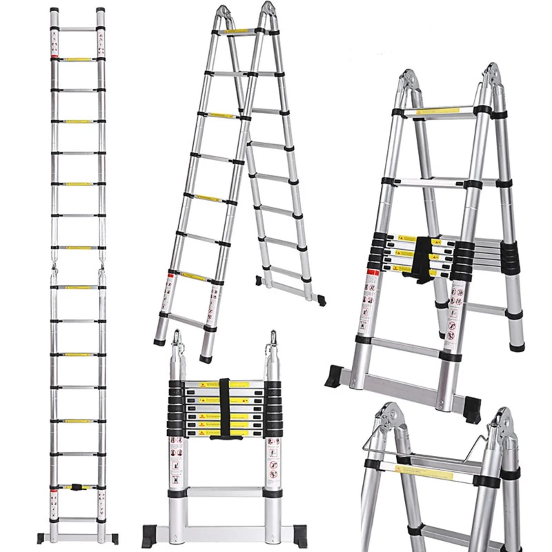 COOCHEER Telescopic Ladder 5 m Aluminium Telescopic Ladder 16 Rungs Max Load 150 kg