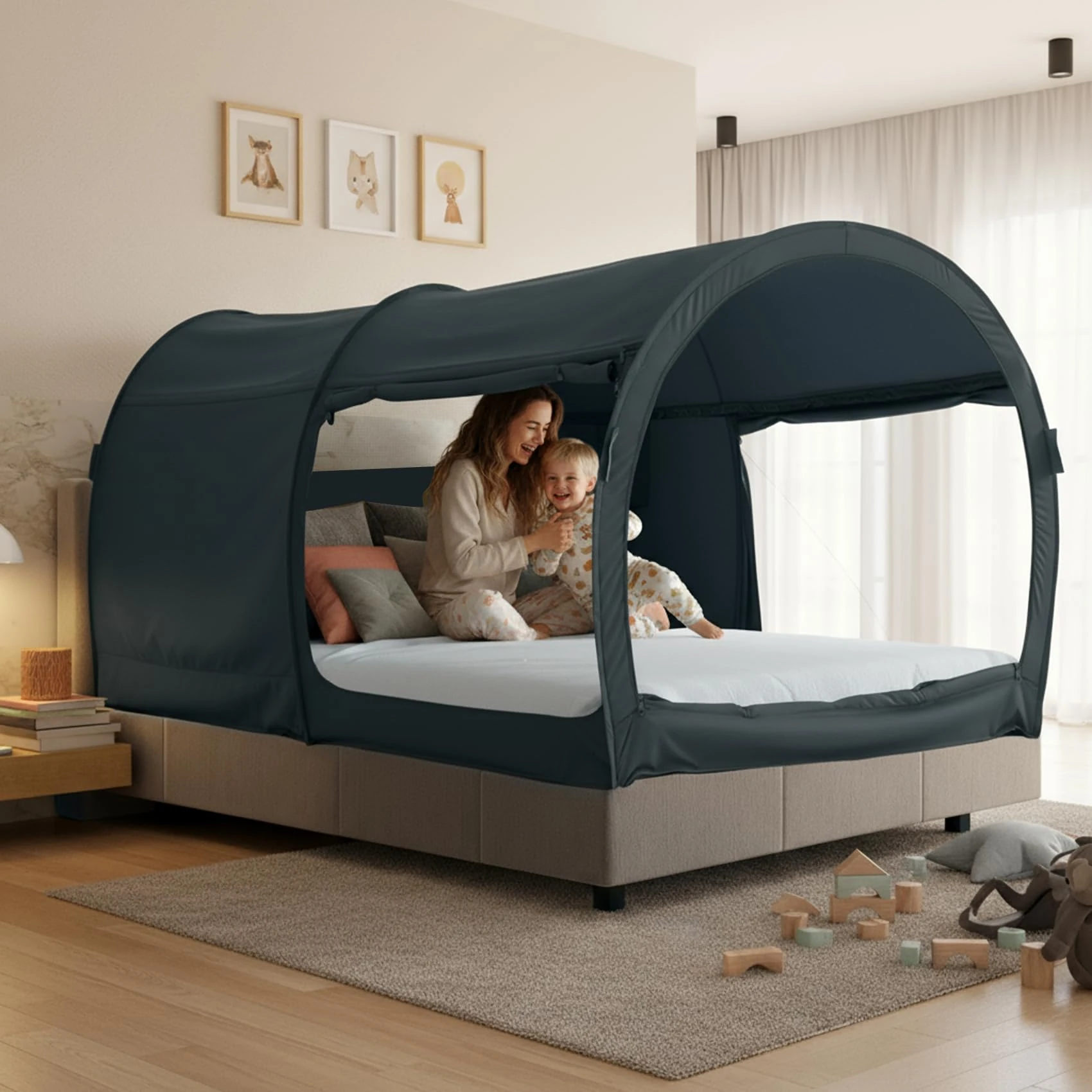 LEEDOR Dream Tents Bed Canopy Shelter Cabin Indoor Privacy Pop Up Warm Breathable Queen Size for Kids and Adult Patent Pending Gray(Mattress Not Included), Polyester Blend, PitchBlack, Full