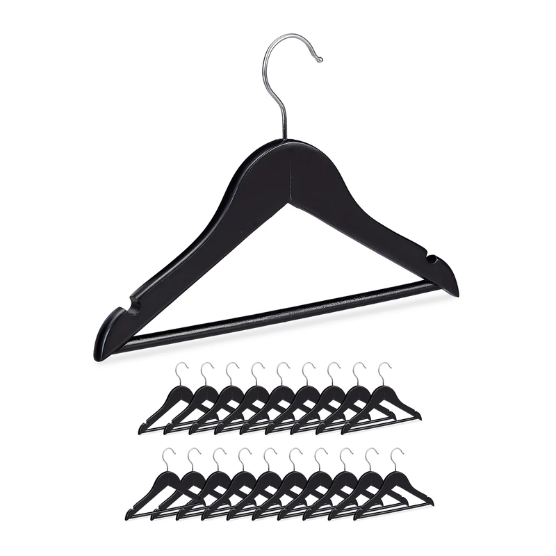 Relaxdays Wooden Kids’ Coat Hanger Set of 20, Pants Holders for Boys & Girls, Swivel Hooks, Pants Rail & Notches, Black - Image 1
