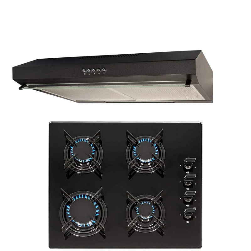 SIA 60cm 4 Burner Black Gas On Glass Hob And Slimline Visor Cooker Hood Fan