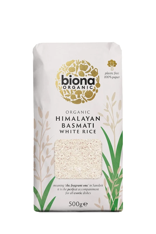Biona Organic Himalayan Basmati Rice 500g - Long Grain White Rice - Ideal for Stir Frys, Salads & Currys - Non GMO, Vegan - Plastic Free, Recyclable Packaging