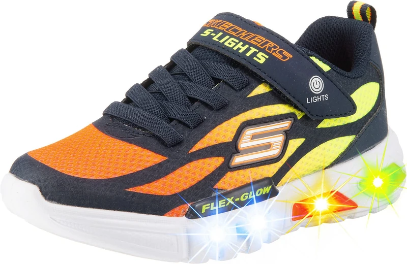 Skechers Boy's Flex-glow Dezlom Sneaker, Navy Synthetic Textile Orange Yellow Trim, 13.5 UK