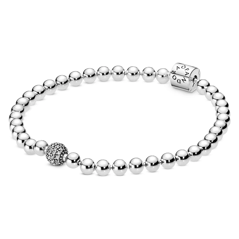 PANDORA Signature Women's Sterling Silver Beads and Pavé Cubic Zirconia Bracelet, Size 21, No Box