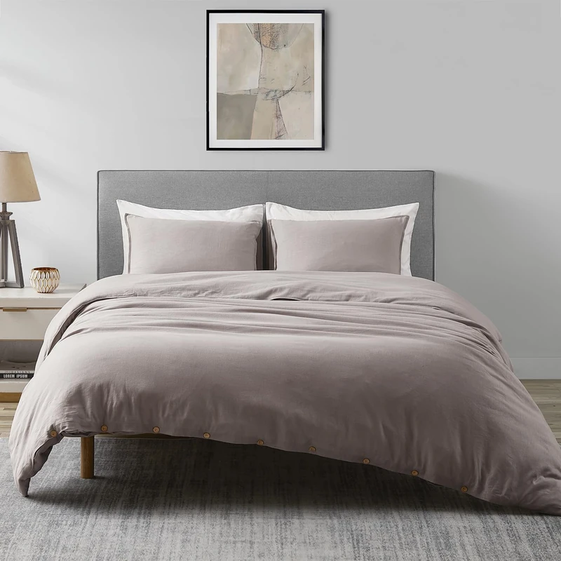 DAPU 55% French Linen 45% Long-Staple Cotton Duvet Cover Set (Light Grey/Linen Cotton, Full/Queen, Duvet Cover and 2 Pillowcases)
