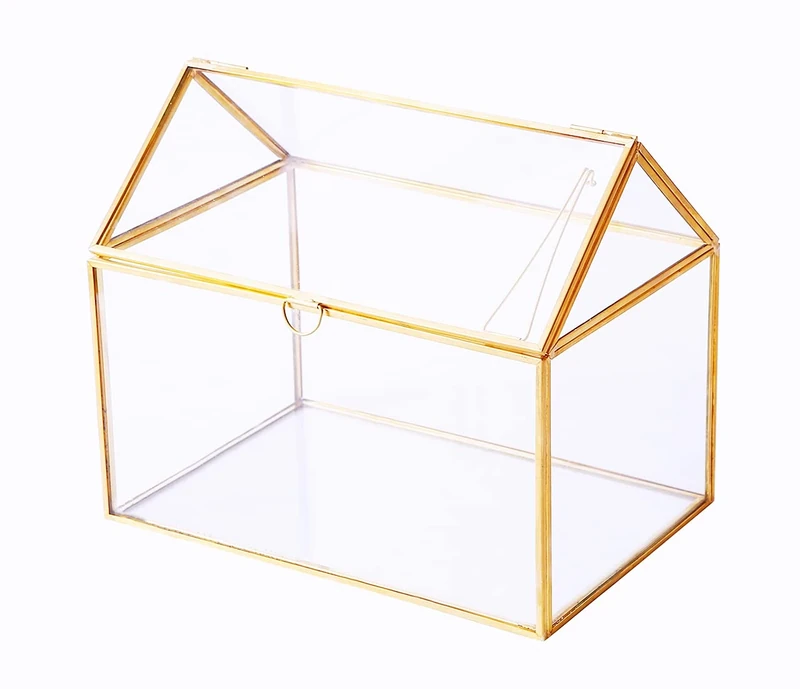 House Shape Close Glass Geometric Terrarium Tabletop Succulent Plant House Garden Planter Moss Fern Swing Lid, Flower Pot for Plants Succulent, Air Plant (Gold)