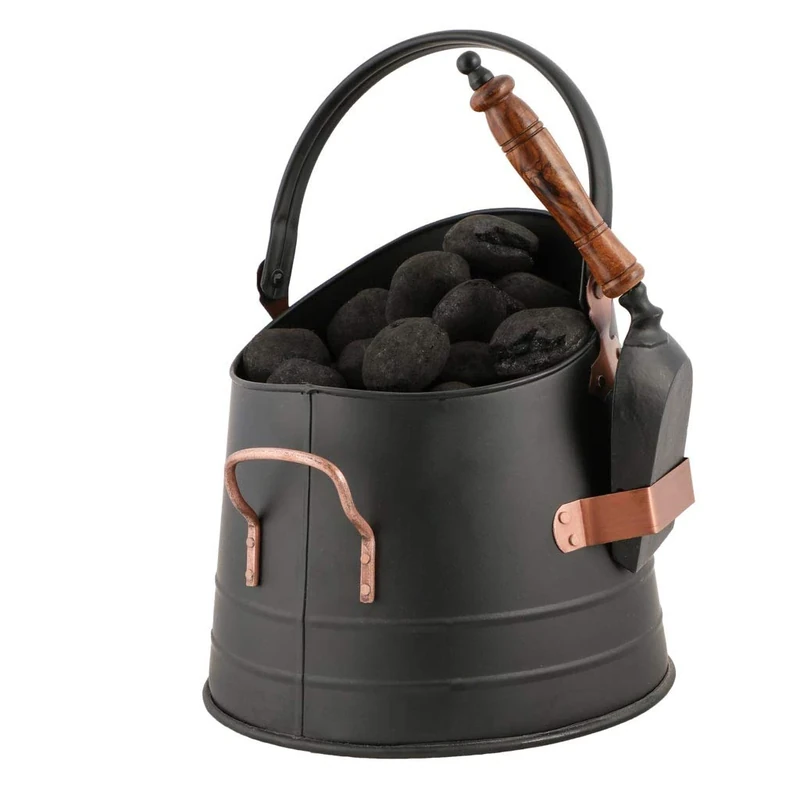 Black & Copper Coal Scuttle Bucket Indoor Fireside Fuel Store with Shovel