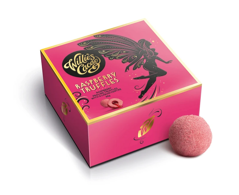 Willie's Cacao - Small chocoolate gift box - Raspberry Truffles with a soft Raspberry Centre - 35g - Single - Artisan Chocolate