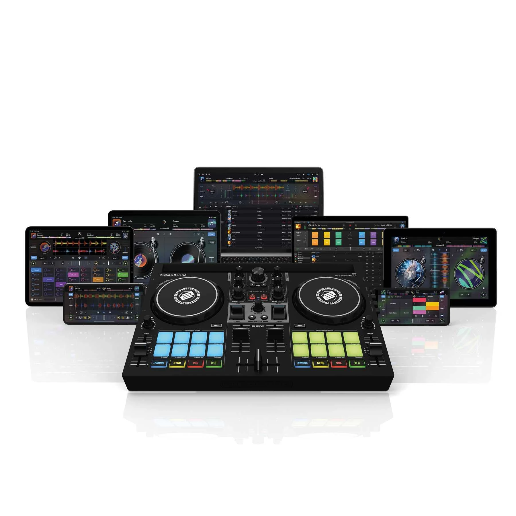 Reloop Buddy compact 2-channel DJ controller for Algoriddim DJay on iOS, PadOS, Android, Mac and PC with RGB performance pads, FX paddles and Neural Mix controls