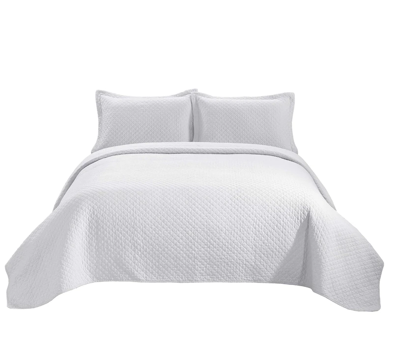 Chezmoi Collection Avon 3-Piece Diamond Stitch Pattern Soft-Finished Vintage Washed 100% Cotton Quilt Set (Queen, White) - Image 1