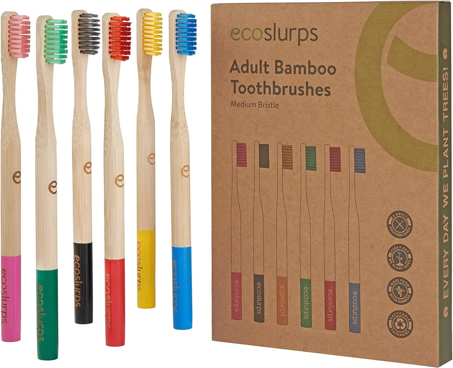 EcoSlurps 6 Bamboo Toothbrushes - British Brand - Family Multipack Adult Bamboo Toothbrush Medium - Colour Handles ecofriendly compostable and biodegrable (6 Multicoloured)