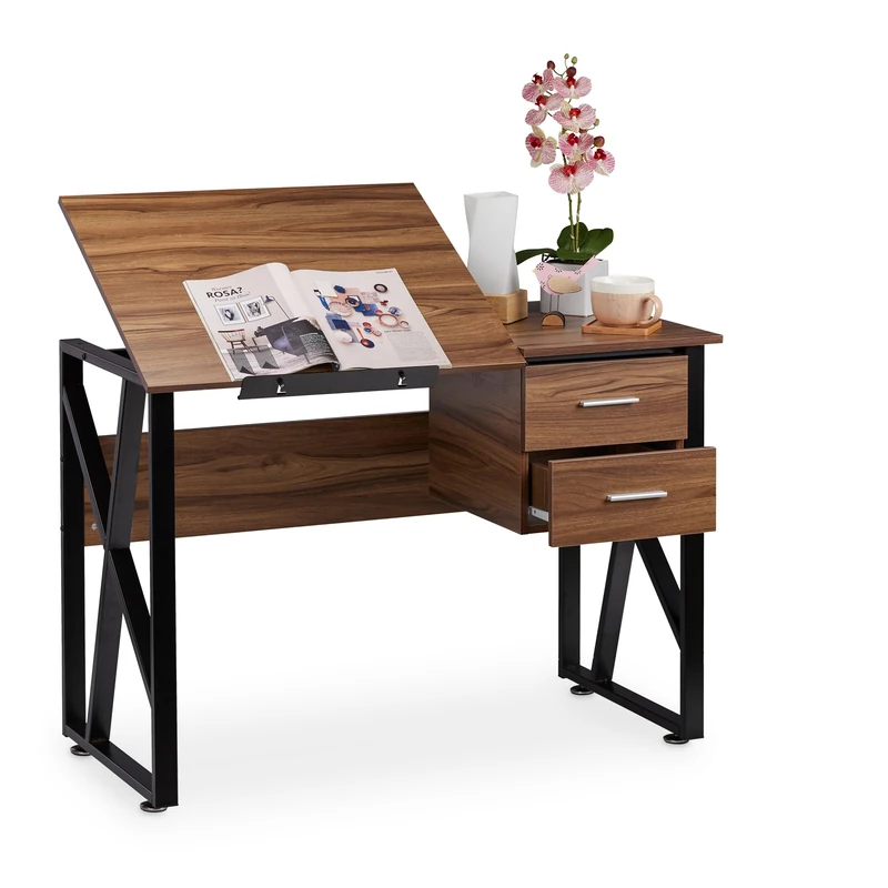 Relaxdays Desk Tilting, Adjustable Worktop Surface, Laptop Table or Drawing Desk, HWD 75x110x55cm, Wood/Black