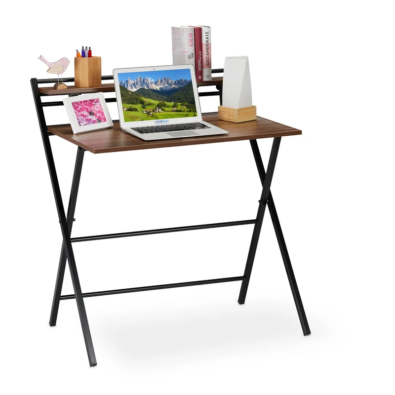Relaxdays Folding Desk, PC-Table To Fold, Space-saving, Shelf, Home Office, Teens, 92x84x60cm, Wood/Black