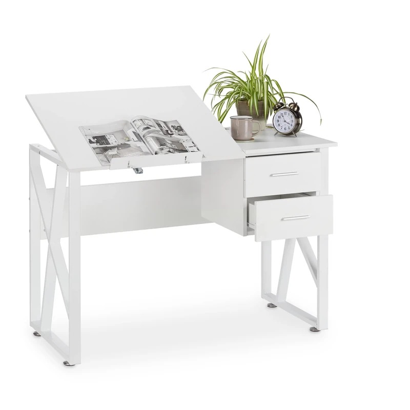 Relaxdays Desk Tilting, Adjustable Worktop Surface, Laptop Table or Drawing Desk, HWD 75x110x55cm, White