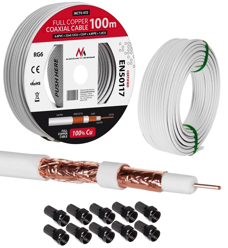 Maclean Coaxial Cable (100m + 10x F plug)