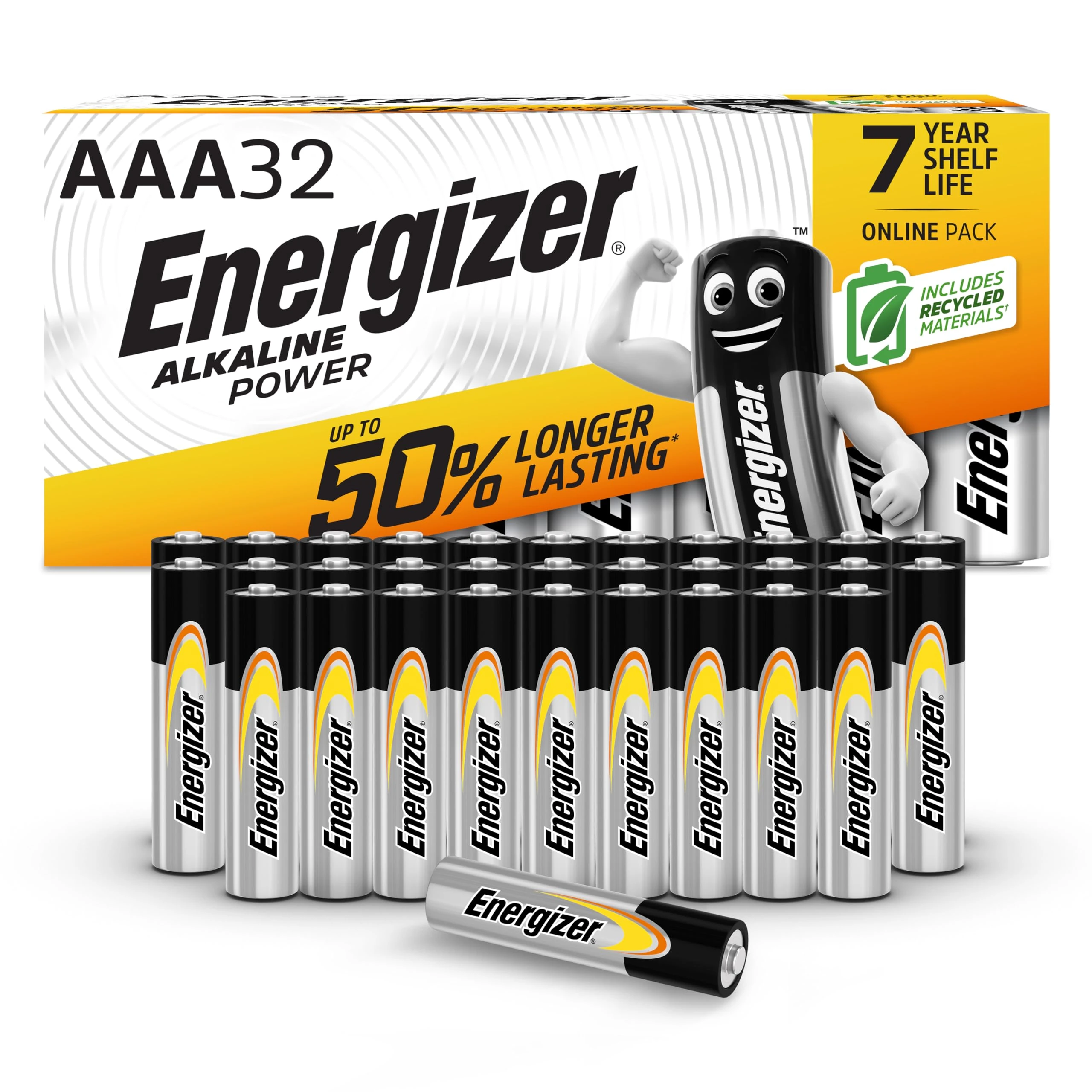 Energizer Alkaline Power - AAA Batteries (32 Pack) - Triple A Battery 1.5V - Up To 50% Longer Lasting - For Everyday Devices - 100% Recyclable Packaging - 7 Year Shelf-Life [Amazon Exclusive]