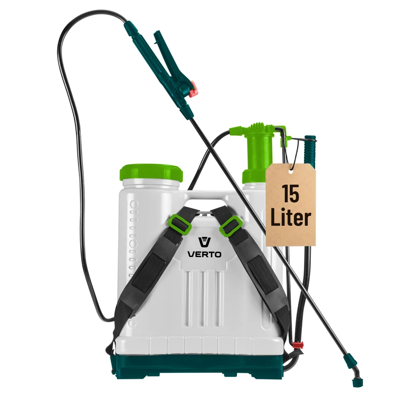 VERTO Professional 15L Back Pressure Sprayer, Green, Heavy-Duty Backpack Style, Plastic and Metal, 3.5 Bar Pressure, 147cm Hose, 3 Nozzles