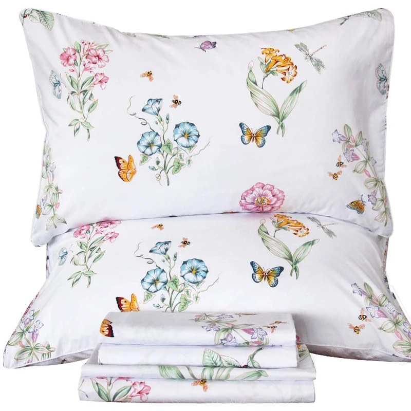 QSH Floral Queen Size Sheet Set - Flower Butterfly Print Pattern Egyptian Cotton Printed Bedding Sheets Queen Size Bed Extra Soft and Breathable 4pcs Deep Pockets Bed Sheets