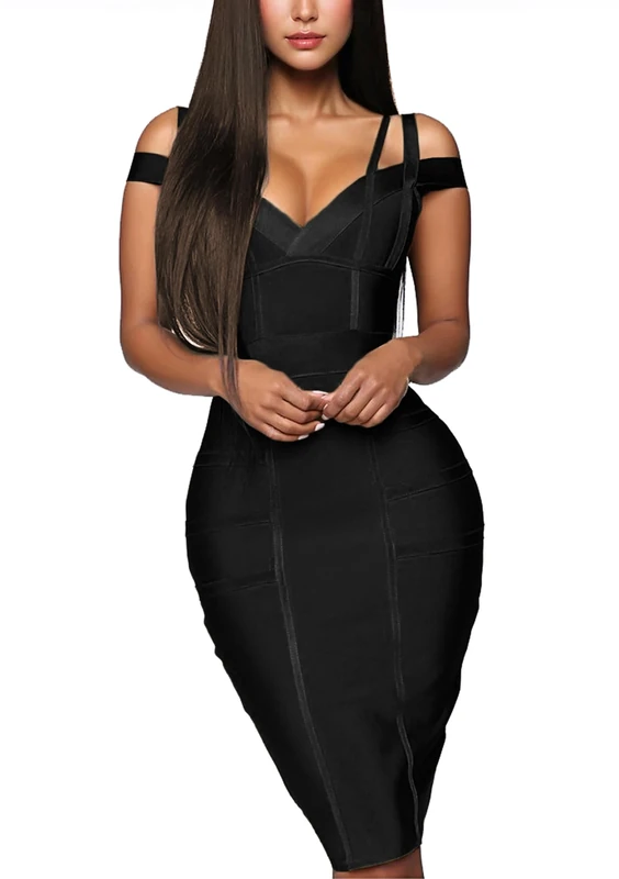 Hybrid & Company Women’s Sexy V Neck Off Shoulder Bodycon Stretch Knee Length Midi Bandage Dress for Party - Black - Medium