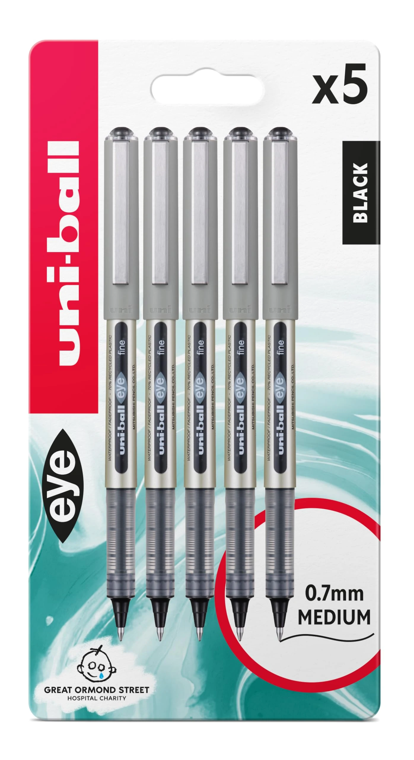 Uni-ball UB-157 Eye Black Rollerball Pens. Premium Fine 0.7mm Ballpoint Tip for Super Smooth Handwriting, Drawing, Art, Crafts and Colouring. Fade and Water Resistant Liquid Uni Super Ink. Pack of 5