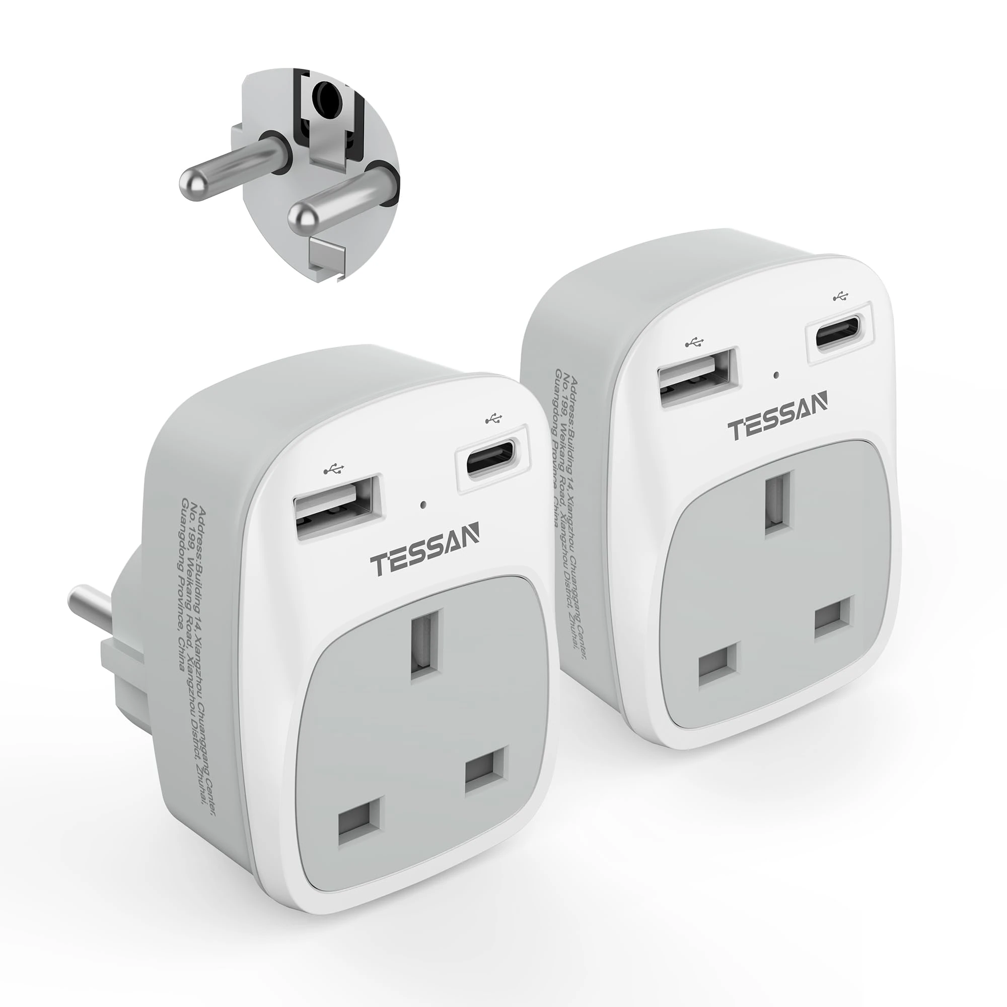 UK to European Plug Adapter 2 Pack, TESSAN Schuko Grounded Euro Plug Adapter with 2 USB Ports (1 USB C), Travel Adaptors UK to EU for Europe Spain Germany France Iceland Poland Russia (Type E F)