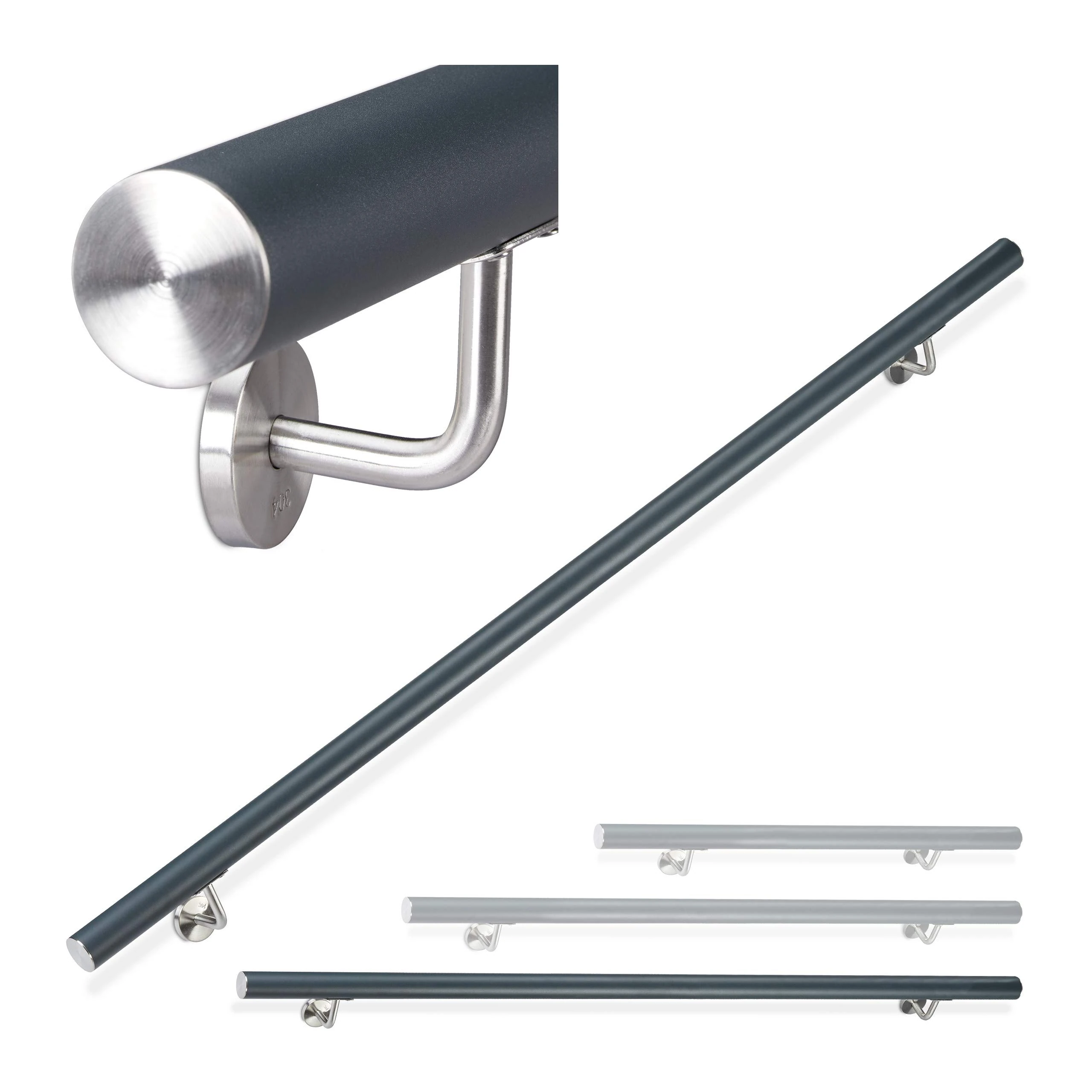 Relaxdays Handrail Aluminium Round, Stair Rail for Indoor and Outdoor Use 200 cm Diameter 42 mm with Wall Bracket Anthracite Stainless Steel 12 x 200 x 8 cm