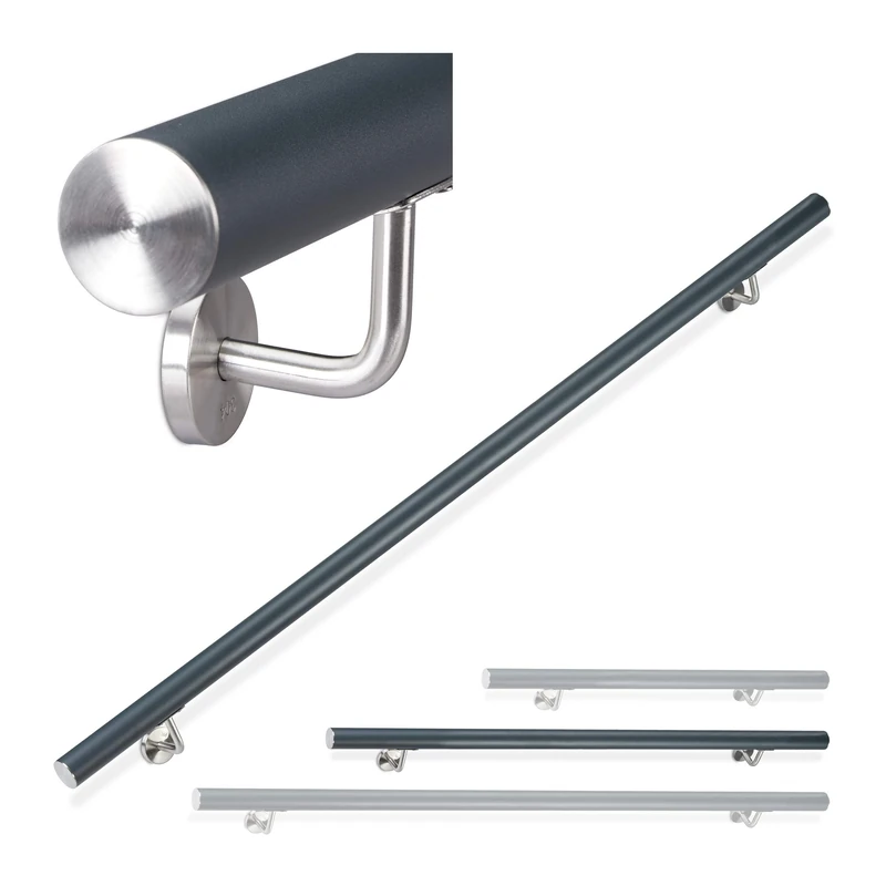 Relaxdays Aluminium Handrail, Round, In- & Outdoor Use, Matt, Bannister, 150 cm, Ø 42mm, With Brackets, Anthracite