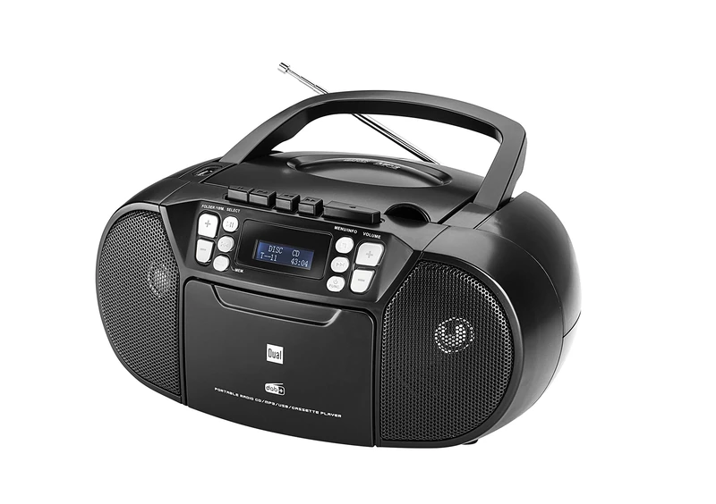 Dual, 75961, DAB-P AA8210 Cassette Radio CD - DAB(+)/FM Radio - Boombox - CD Player - Stereo Speaker - USB Port - Aux Input - Mains / Battery Operated - Portable Black