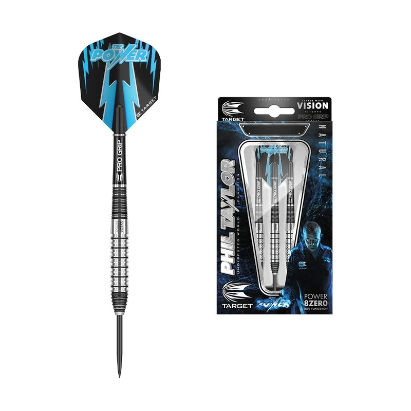 Target Darts Phil Taylor Power 8-Zero 2 Steel Tip Darts, 80% Tungsten Dart Set, 22G | Power 8 Zero Player Edition Darts with Fixed Points, Pro Grip Shafts, No.6 Dart Flights